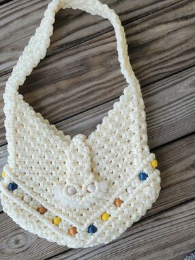 Hand Crafted Cream Crochet Shoulder Bag with Yellow Blue Tan Accents